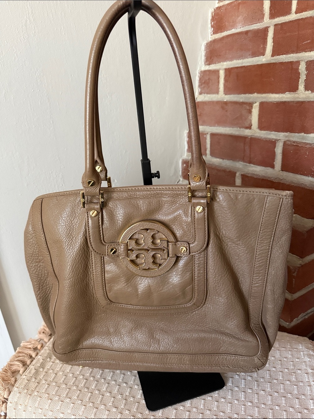 Tory Burch Taupe Amanda Leather Tote with Gold Logo Hardware